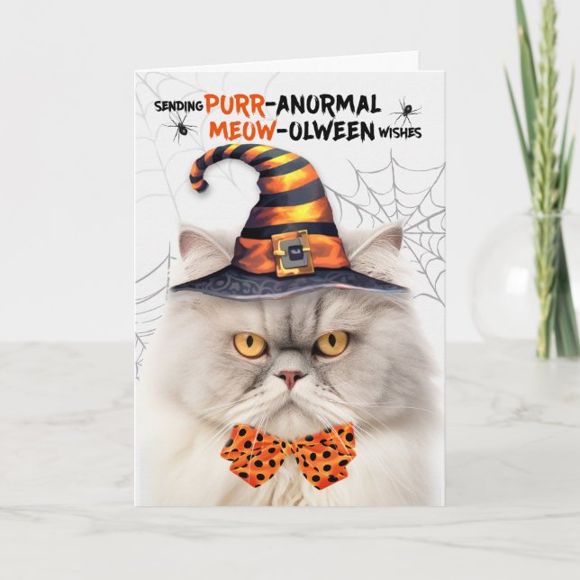 Tarjeta Festiva Gato persa cremoso PURRanormal MEOWolween (Anverso)
