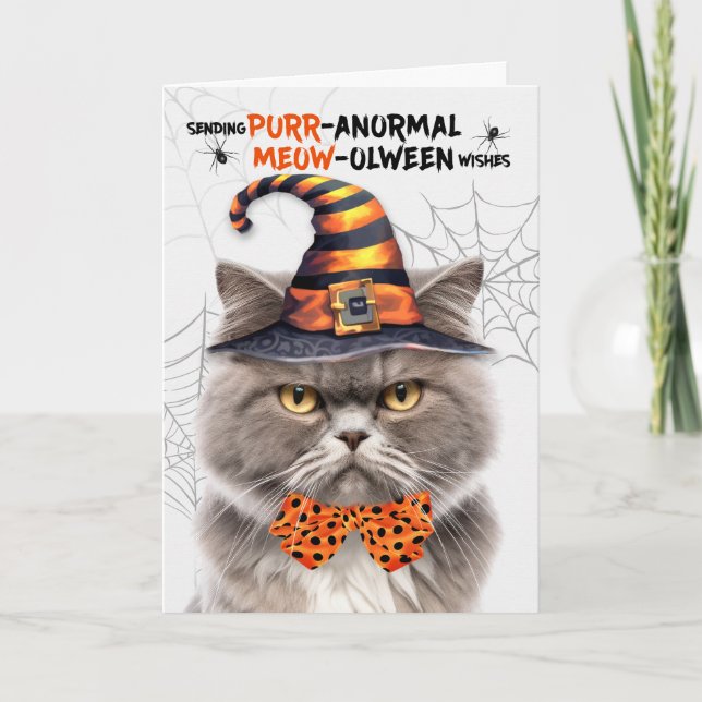 Tarjeta Festiva Gato persa gris PURRanormal MEOWolween (Anverso)
