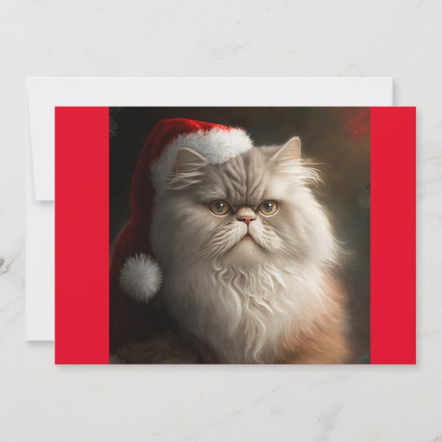 Tarjeta Festiva Gato persa navidad, camiseta de Santa Cat (Anverso)