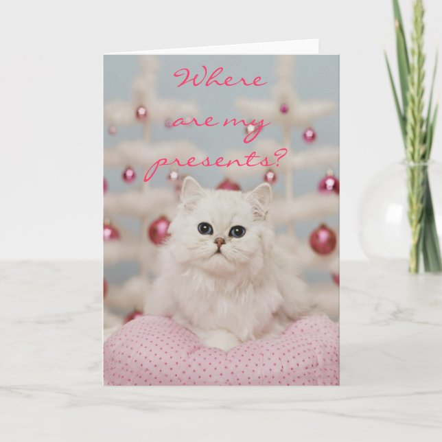 Tarjeta Festiva Gato persa que se sienta en la almohada rosada (Anverso)