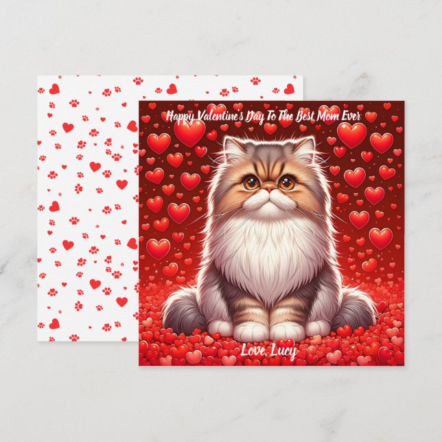Tarjeta Festiva Gato persa Valentine Purr (Anverso / Reverso)