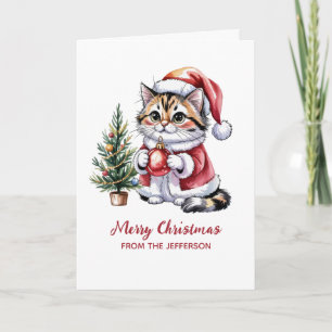 Tarjeta Festiva Gato personalizado con sombrero de Santa árbol de 
