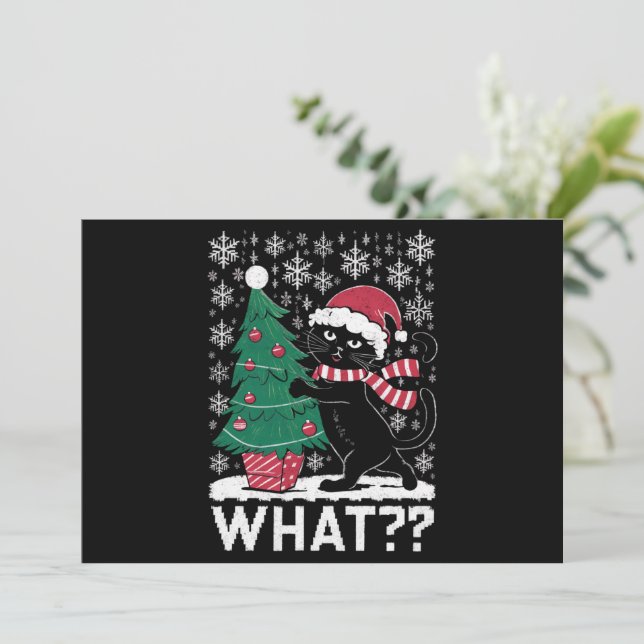 Tarjeta Festiva Gato qué gracioso gato negro que presiona el árbol (Anverso de pie)