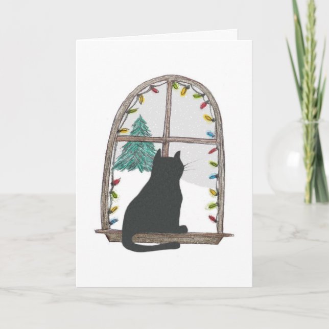 Tarjeta Festiva Gato que mira hacia fuera una ventana (Anverso)