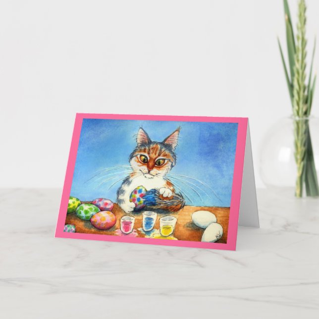 Tarjeta Festiva Gato que pinta los huevos de Pascua con la cola (Anverso)