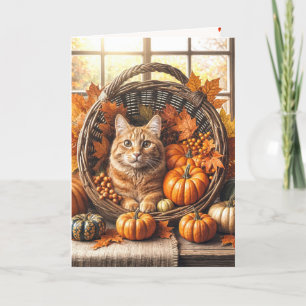 Tarjeta Festiva Gato Rojizo en Cornucopia de Acción de Gracias