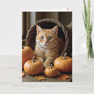 Tarjeta Festiva Gato Rojizo en Cornucopia de Acción de Gracias