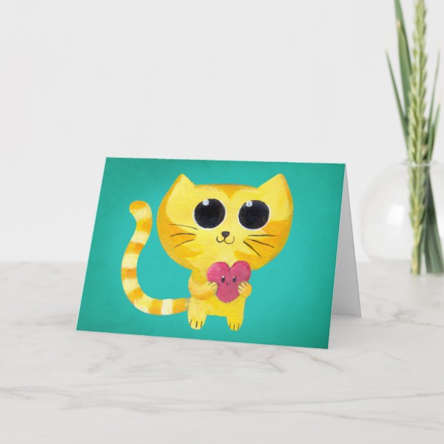 Tarjeta Festiva Gato romántico lindo con el corazón sonriente (Anverso)