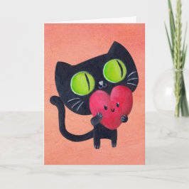 Tarjeta Festiva Gato romántico que abraza el corazón lindo rojo