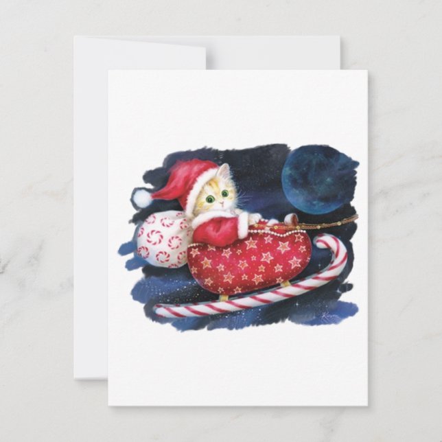 Tarjeta Festiva Gato Santa en Trineo de Santa entregando regalos (Anverso)