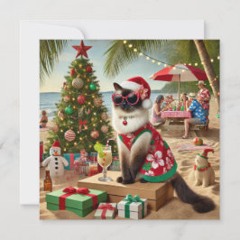 Tarjeta Festiva Gato Santa Vestido para Navidades en julio en la p