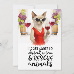 Tarjeta Festiva Gato siamés descarado bebiendo vino para rescatar 