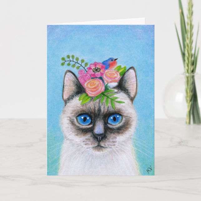 Tarjeta Festiva Gato siamés lindo con el gorra de la flor (Anverso)