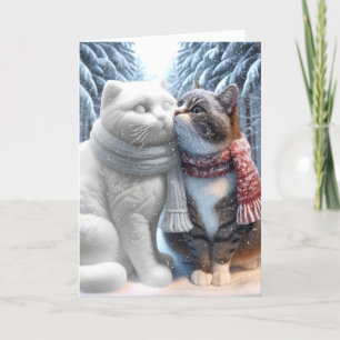 Tarjeta Festiva Gato sonriendo con un Snowcat