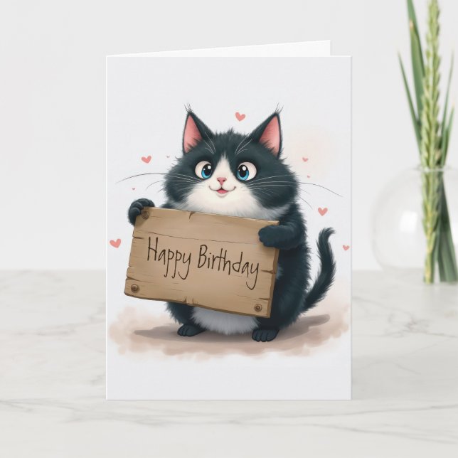 Tarjeta Festiva Gato sosteniendo un Rótulo feliz de cumpleaños (Anverso)