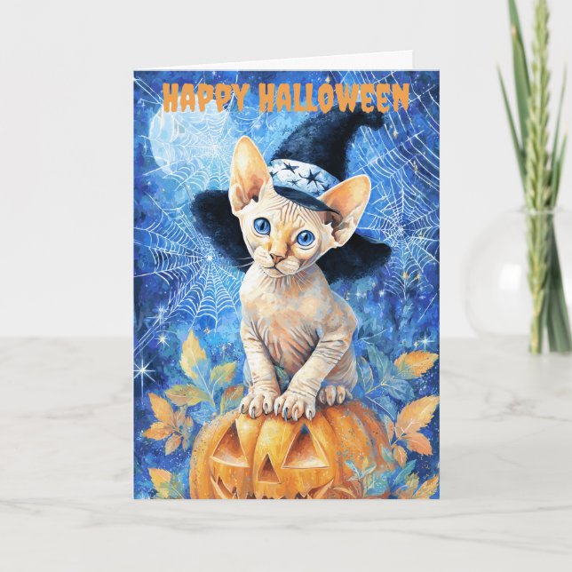 Tarjeta Festiva Gato Sphynx de Halloween (Anverso)