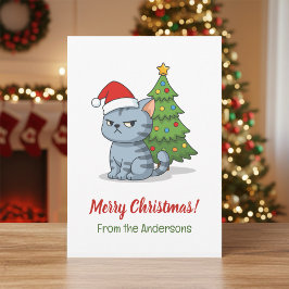 Tarjeta Festiva Gato Tabby Gris Gruñón Sombrero Rojo Árbol de Navi