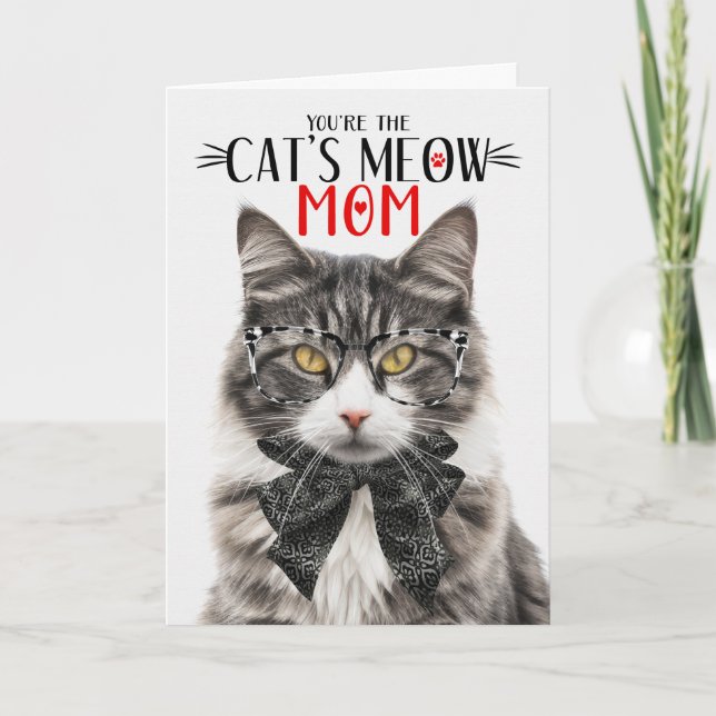 Tarjeta Festiva Gato Tabby Gris y Blanco para Mamá en el Día de la (Anverso)