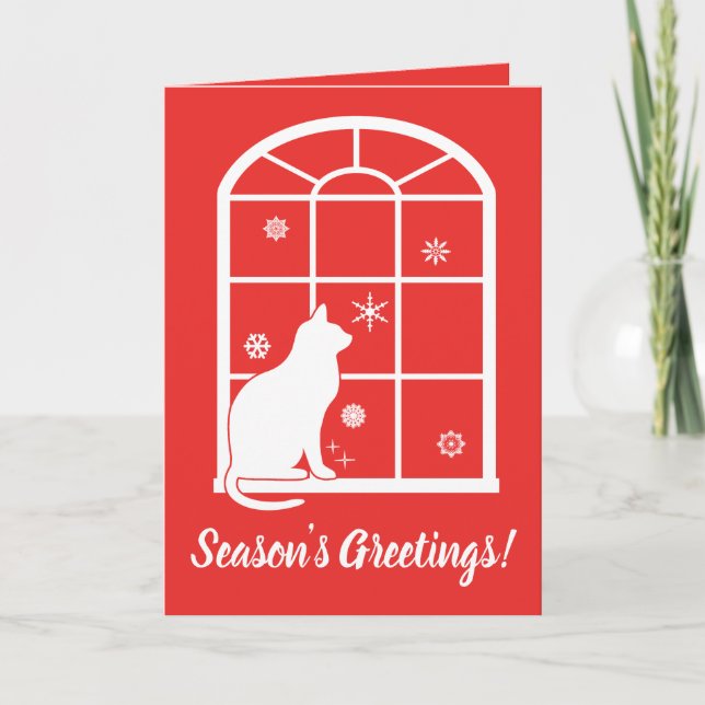 Tarjeta Festiva Gato viendo copos de nieve por la ventana (Anverso)