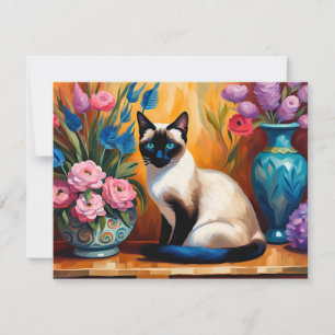 Tarjeta Festiva Gato y Bouquets siameses en la acuarela de los vas
