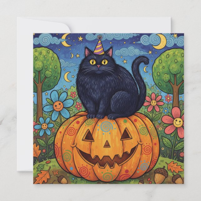 Tarjeta Festiva Gato y calabaza de Halloween negros (Anverso)