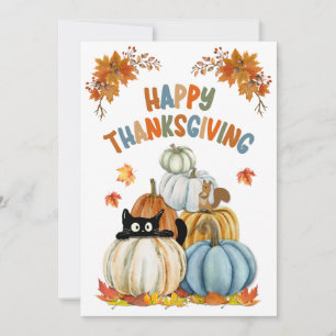 Tarjeta Festiva Gato y calabazas retro Felices Acción de Gracias