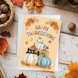 Tarjeta Festiva Gato y calabazas retro Felices Acción de Gracias