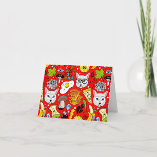 Tarjeta Festiva Gato y huevo en rojo
