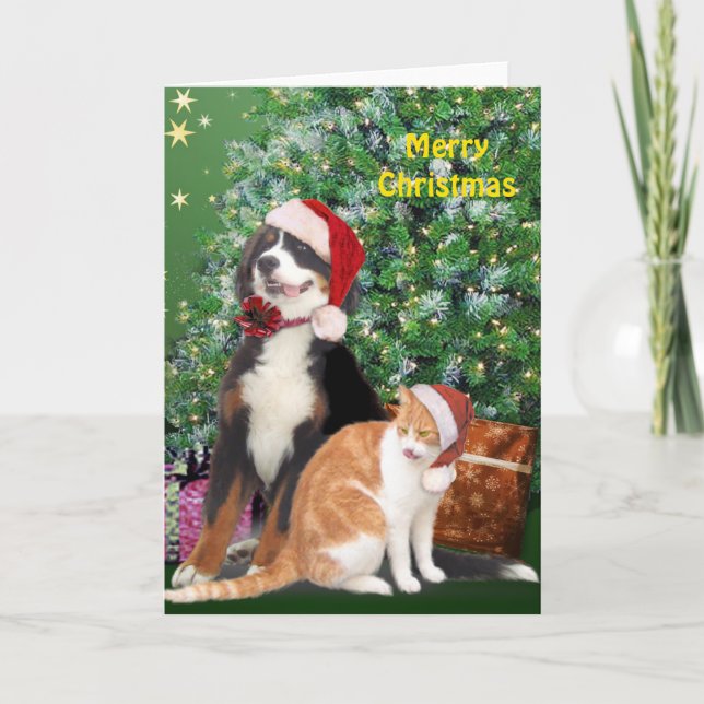 Tarjeta Festiva Gato y perro con sombreros de Santa (Anverso)