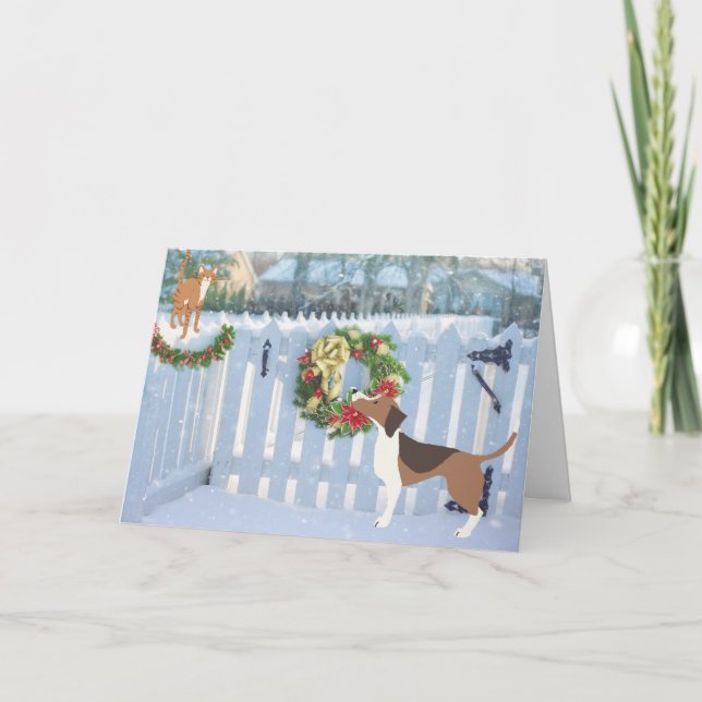 Tarjeta Festiva Gato y perro disfrutando a los Navidades de invier (Anverso)