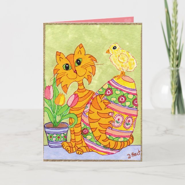 Tarjeta Festiva Gato y polluelo con el arte popular Pascua del (Anverso)