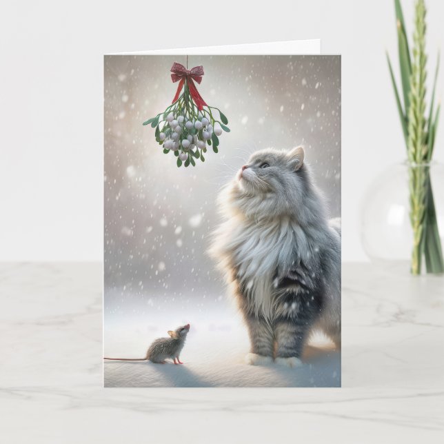 Tarjeta Festiva Gato y ratón navidades bajo mistleto (Anverso)
