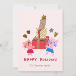 Tarjeta Festiva gatos adorables con cajas de regalo rosadas