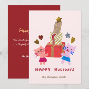 Tarjeta Festiva gatos adorables con cajas de regalo rosadas