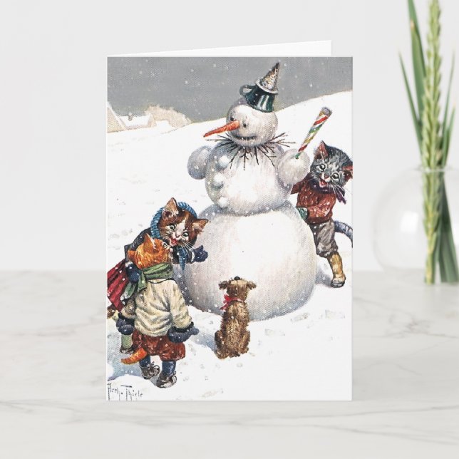 Tarjeta Festiva Gatos adorables construyendo un muñeco de nieve (Anverso)