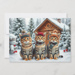 Tarjeta Festiva Gatos atigrados con ropa de invierno elegante y so