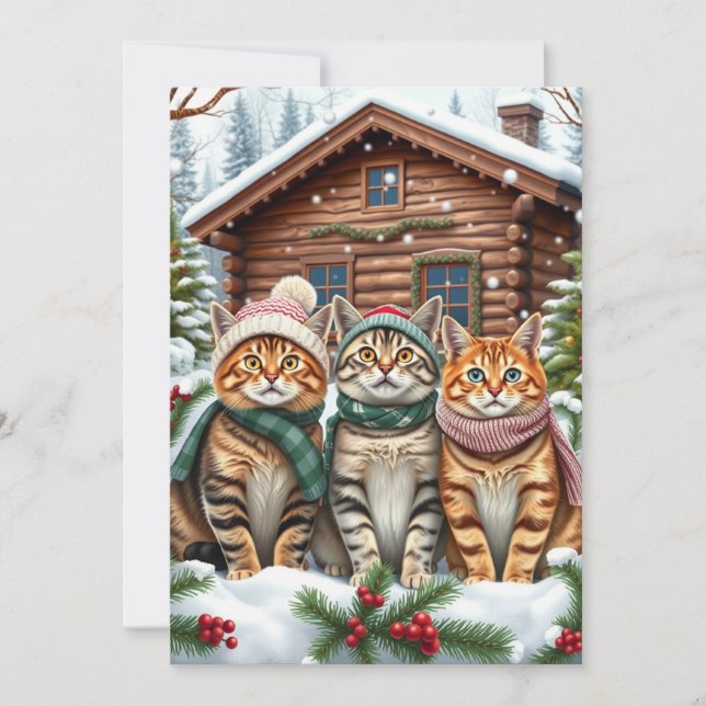 Tarjeta Festiva Gatos atigrados con ropa de invierno y sombrero de (Anverso)