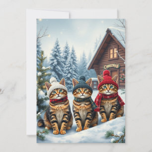 Tarjeta Festiva Gatos atigrados con ropa de invierno y sombrero de