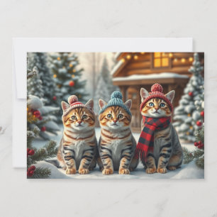 Tarjeta Festiva Gatos atigrados con ropa de invierno y sombrero de