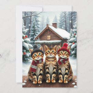 Tarjeta Festiva Gatos atigrados con ropa de invierno y sombrero de