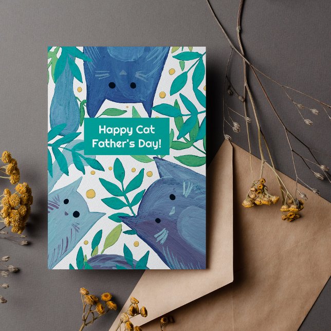 Tarjeta Festiva Gatos azules y ramas Feliz día del padre del gato (Subido por el creador)
