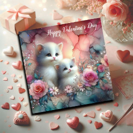 Tarjeta Festiva Gatos Caprichosos Floral Acuarela San Valentín 