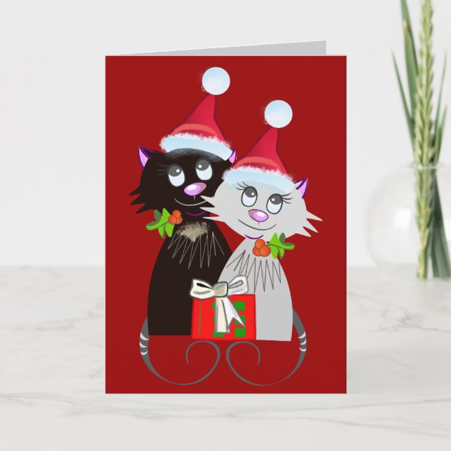 Tarjeta Festiva Gatos con los gorras de santa (Anverso)