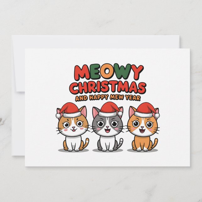 Tarjeta Festiva Gatos cortos maullan usando gorra de navidades (Anverso)