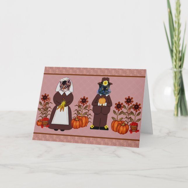 Tarjeta Festiva Gatos de Acción de Gracias (Anverso)