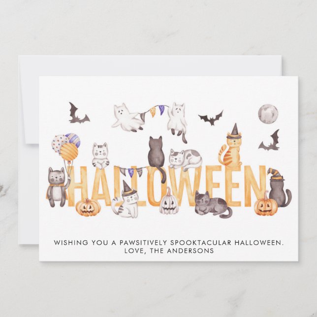 Tarjeta Festiva Gatos de acuarela de Halloween personalizados (Anverso)
