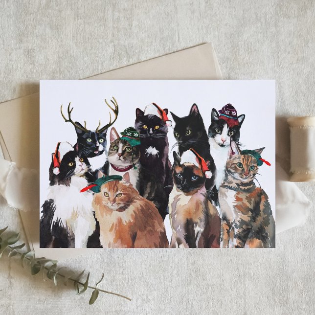 Tarjeta Festiva Gatos de acuarela festivos con Navidades de Santa  (Subido por el creador)