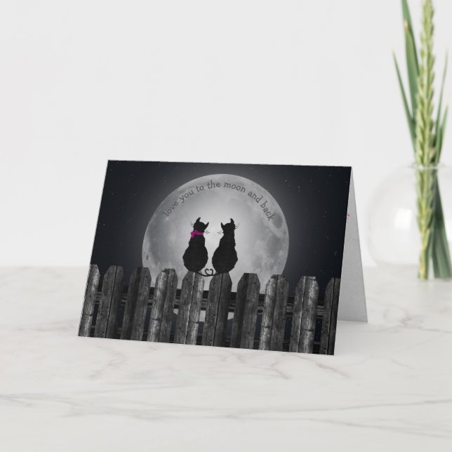Tarjeta Festiva gatos de aniversario en la cerca con luna llena (Anverso)