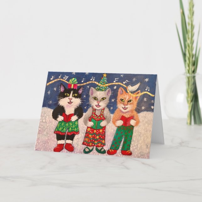 Tarjeta Festiva Gatos de Caroling (Anverso)