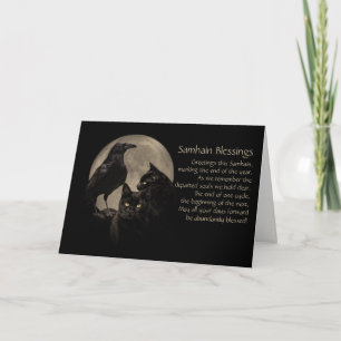 Tarjeta Festiva Gatos de Samhain y Cuervo Encantando Fiesta Pagana